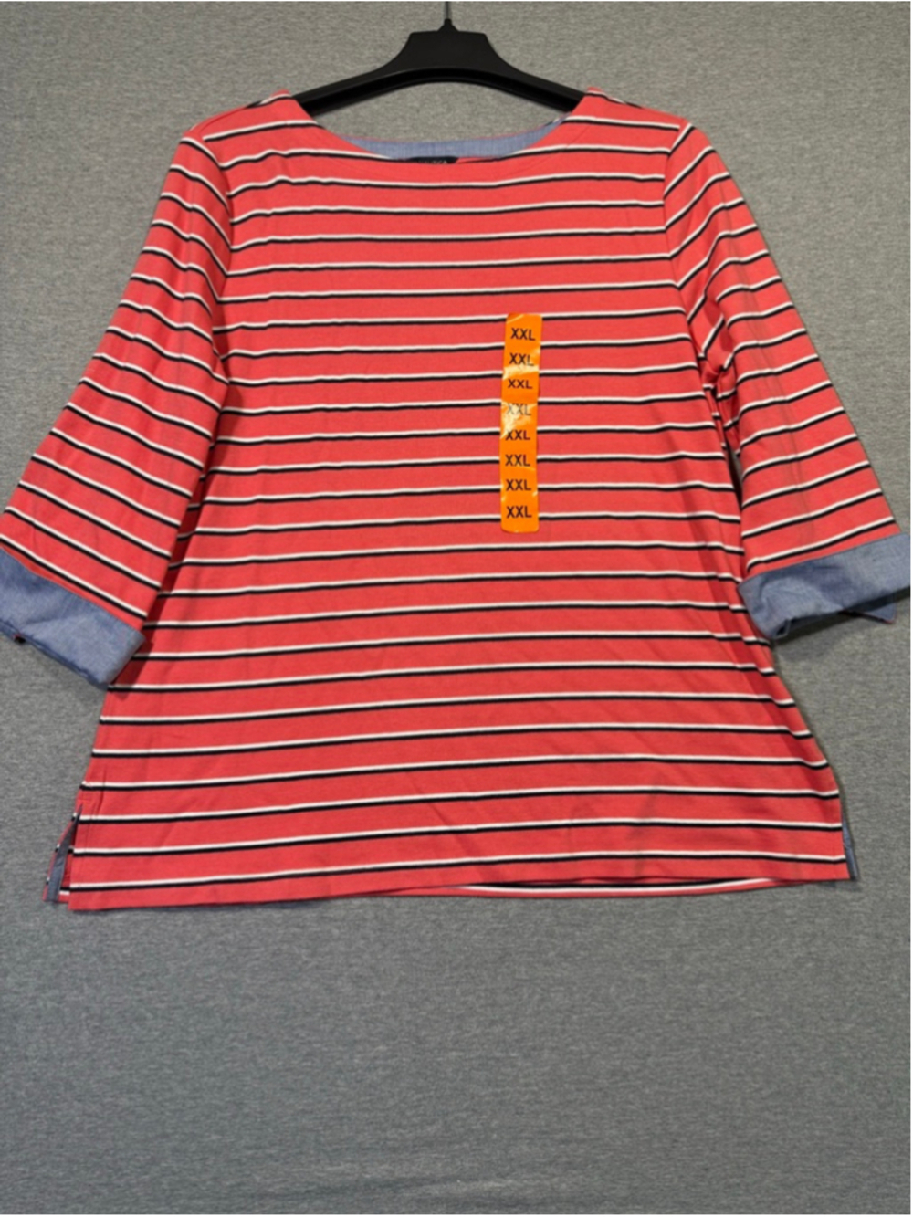 Women's Nautica Long Sleeve Tee XXL Melon Striped with Blue Cuffs